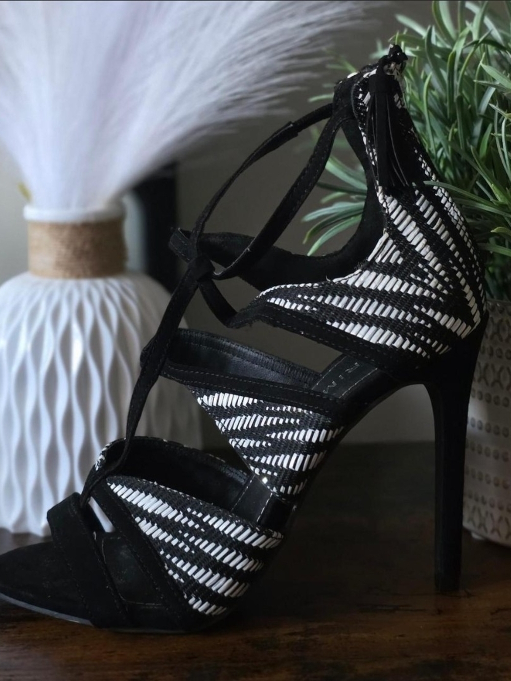 Black & White Striped Lace-Up High Heel Sandals